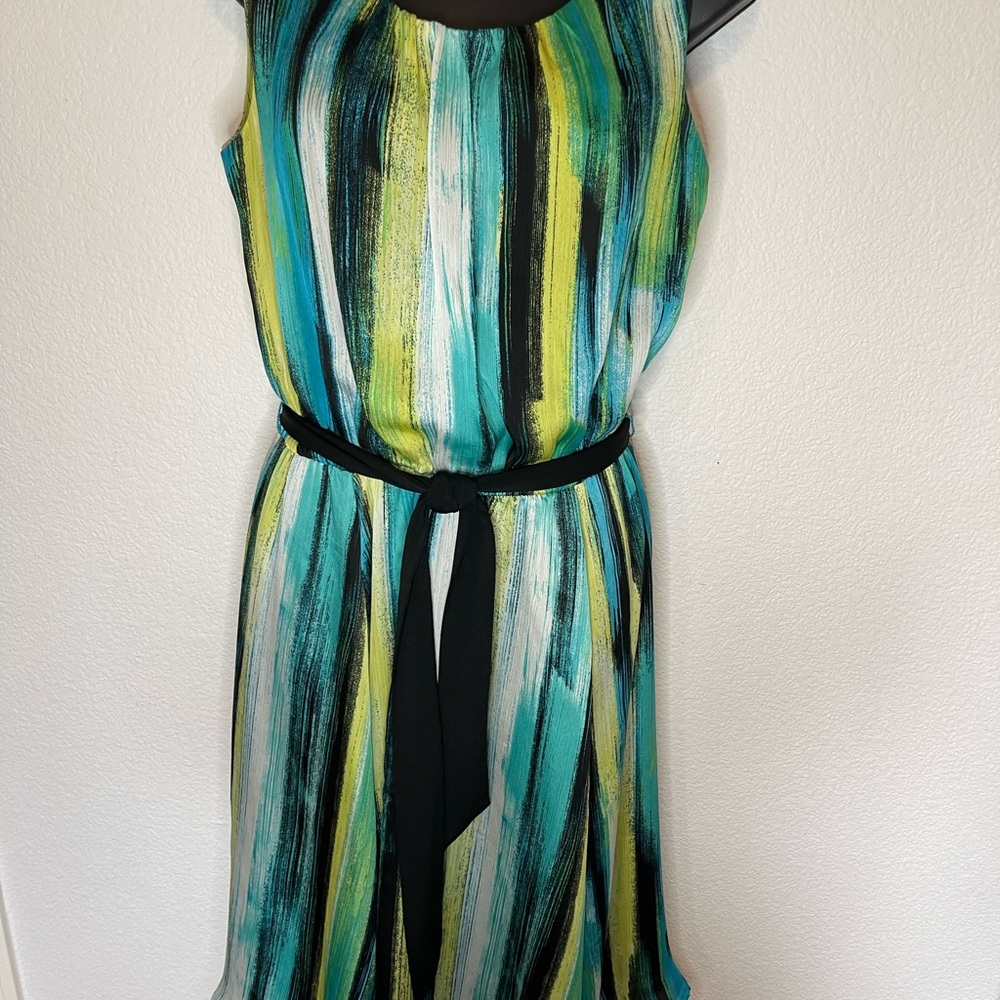 Alfani Sleeveless Midi Dress Green Blue Abstract Stripe w/ Belt Size 10